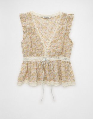 AE Lace Trim Flutter Sleeve Blouse