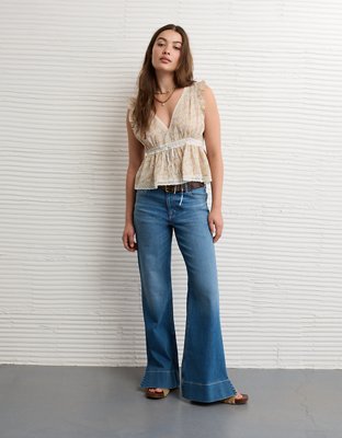 AE Lace Trim Flutter Sleeve Blouse