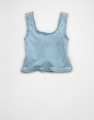 AE Cropped Ruffle Trim Denim Tank Top