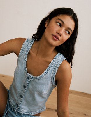 AE Cropped Ruffle Trim Denim Tank Top | American Eagle