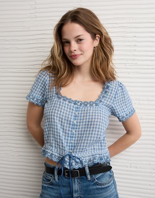 AE Short-Sleeve Button-Up Blouse