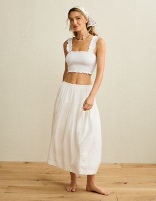 AE Cropped Linen-Blend Smocked Cami