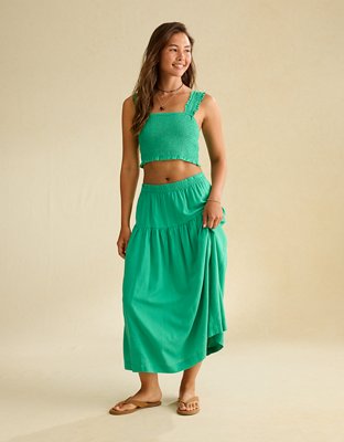 AE Cropped Cami de Mezcla de Lino Bordada con Nido de Abeja