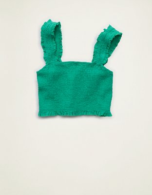 AE Cropped Linen-Blend Smocked Cami