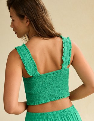 AE Cropped Linen-Blend Smocked Cami