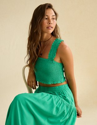 AE Cropped Cami de Mezcla de Lino Bordada con Nido de Abeja