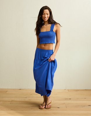 AE Cropped Linen-Blend Smocked Cami