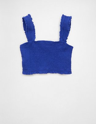 Женский топ American Eagle AE Cropped Linen-Blend Smocked, цвет: Синий — фото 3