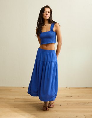 Женский топ American Eagle AE Cropped Linen-Blend Smocked, цвет: Синий — фото 7