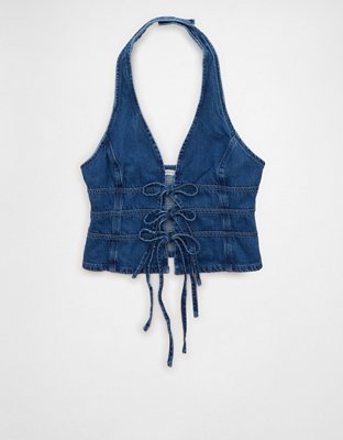Женский жилет American Eagle AE Denim Bow-Front, цвет: Средняя варка — фото 3