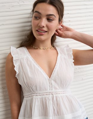 AE Lace Trim Flutter Sleeve Blouse