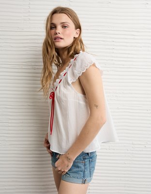 AE Short-Sleeve Ribbon Blouse | American Eagle