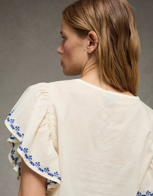 AE Short-Sleeve Embroidered Blouse | American Eagle