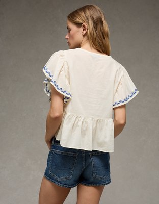 AE Short-Sleeve Embroidered Blouse | American Eagle