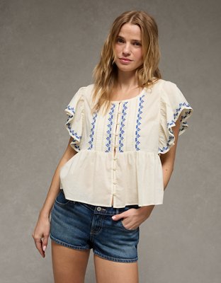 AE Short-Sleeve Embroidered Blouse