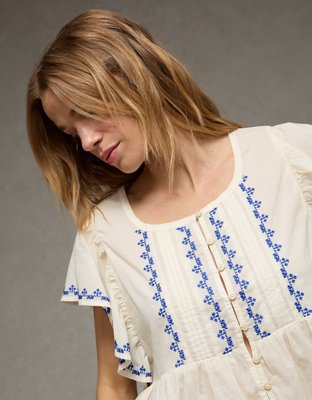 AE Short-Sleeve Embroidered Blouse