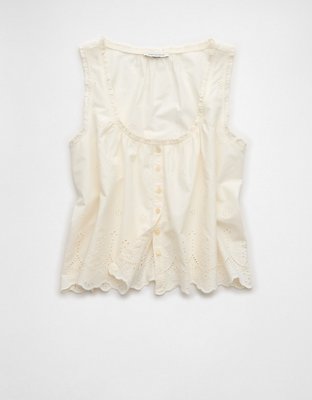 AE Ruffle-Neck Eyelet Button-Up Top