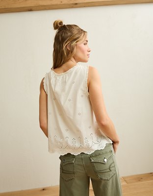 AE Ruffle-Neck Eyelet Button-Up Top | American Eagle