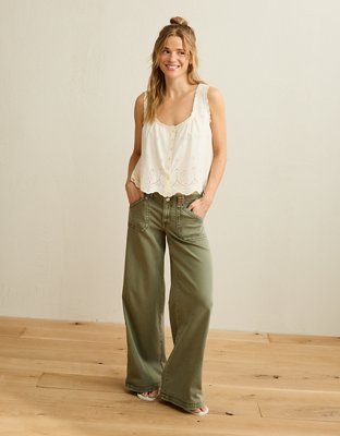 AE Ruffle-Neck Eyelet Button-Up Top