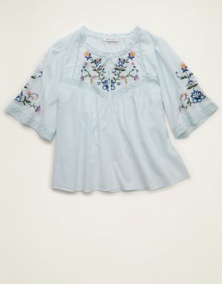 AE Flutter-Sleeve Embroidered Top