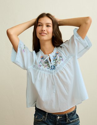 AE Flutter-Sleeve Embroidered Top | American Eagle