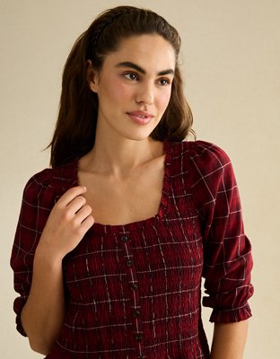 AE Smocked Button-Up Top