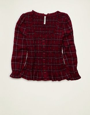 AE Smocked Button-Up Top