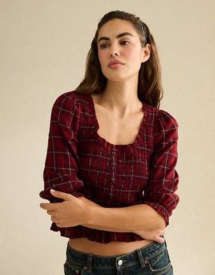 AE Smocked Button-Up Top