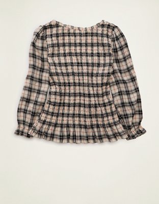 Женский топ American Eagle AE Smocked Button-Up, цвет: Бежевый — фото 4