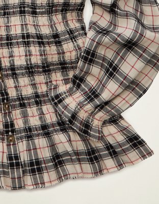 Женский топ American Eagle AE Smocked Button-Up, цвет: Бежевый — фото 6