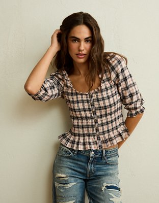 AE Smocked Button-Up Top