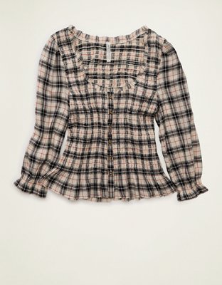 AE Smocked Button-Up Top