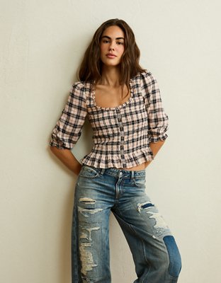 Женский топ American Eagle AE Smocked Button-Up, цвет: Бежевый