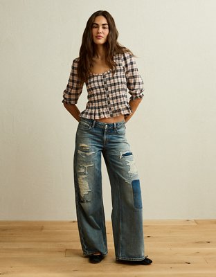 AE Smocked Button-Up Top