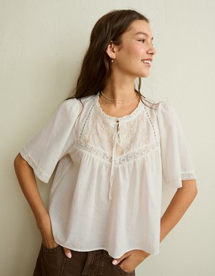 AE Flutter-Sleeve Embroidered Top