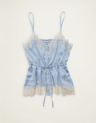 Женский топ American Eagle AE Lace Trim Button-Up, цвет: Синий — фото 3
