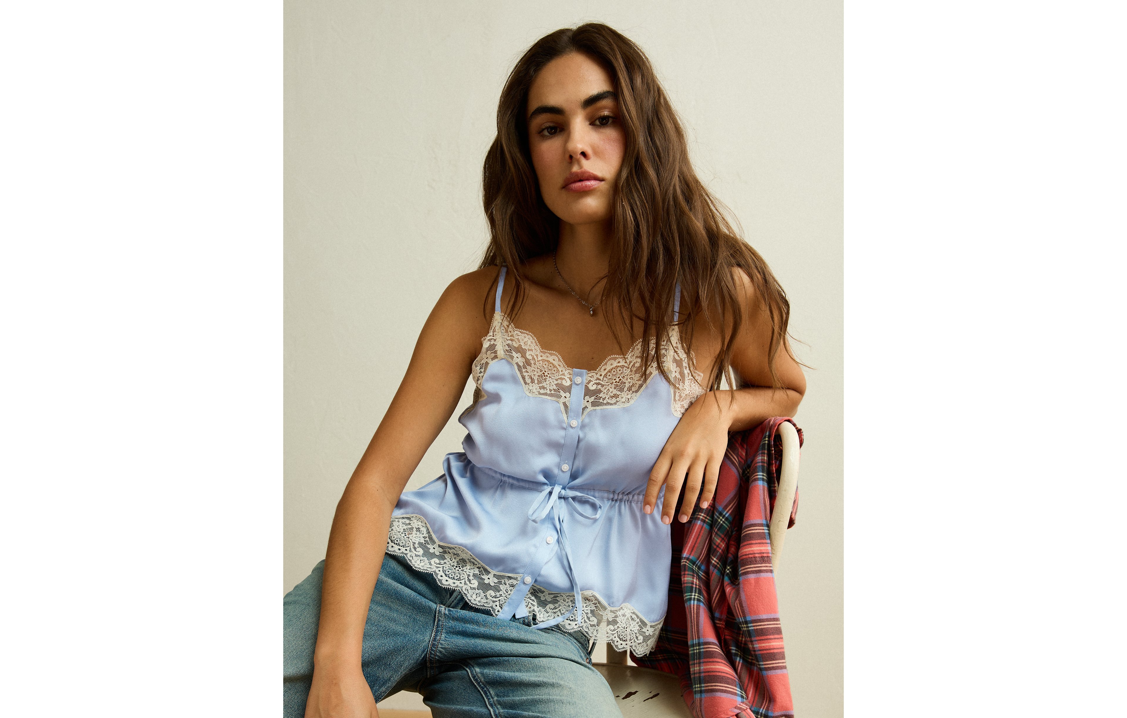 AE Lace Trim Button-Up Top