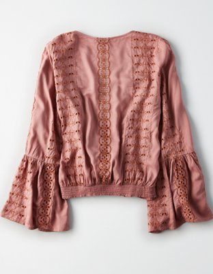 Женские топы American Eagle AE EYELET BELL SLEEVE WRAP TOP — фото 4