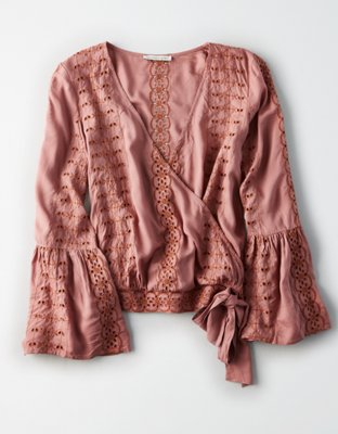 Женские топы American Eagle AE EYELET BELL SLEEVE WRAP TOP — фото 3