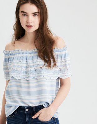 AE Blue Stripe Eyelet Top