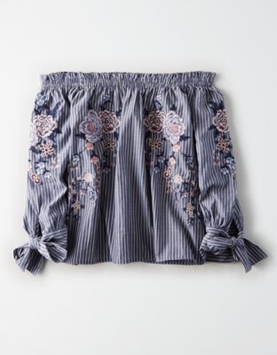 AE Flowers Over Stripes Off The Shoulder Top