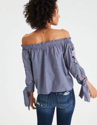 AE Flowers Over Stripes Off The Shoulder Top
