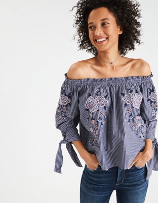 AE Flowers Over Stripes Off The Shoulder Top