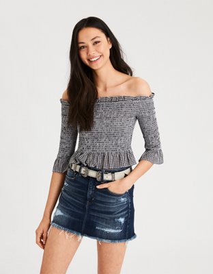 AE Smocked Off The Shoulder Top, Black American Eagle Outfitters