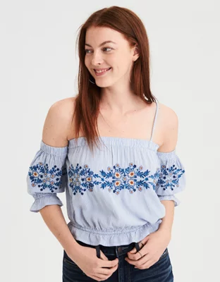 AE Embroidered Cold Shoulder Top