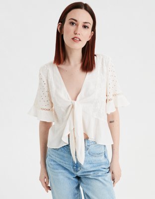 AE Embroidered Tie Front Top