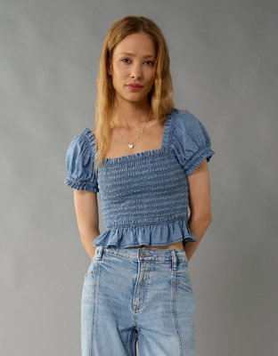 AE High Neck Puff Sleeve Smocked T-Shirt | American Eagle