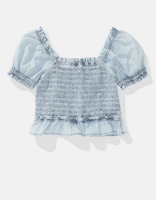AE High Neck Puff Sleeve Smocked T-Shirt