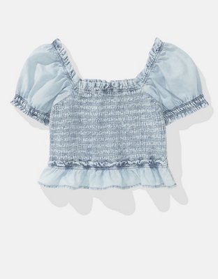 AE High Neck Puff Sleeve Smocked T-Shirt