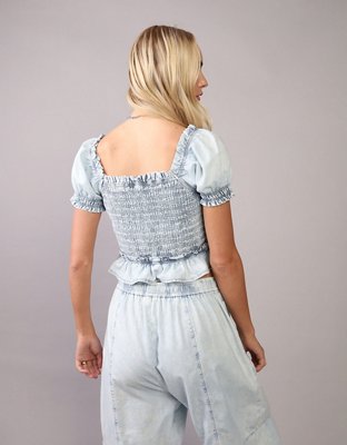 AE High Neck Puff Sleeve Smocked T-Shirt